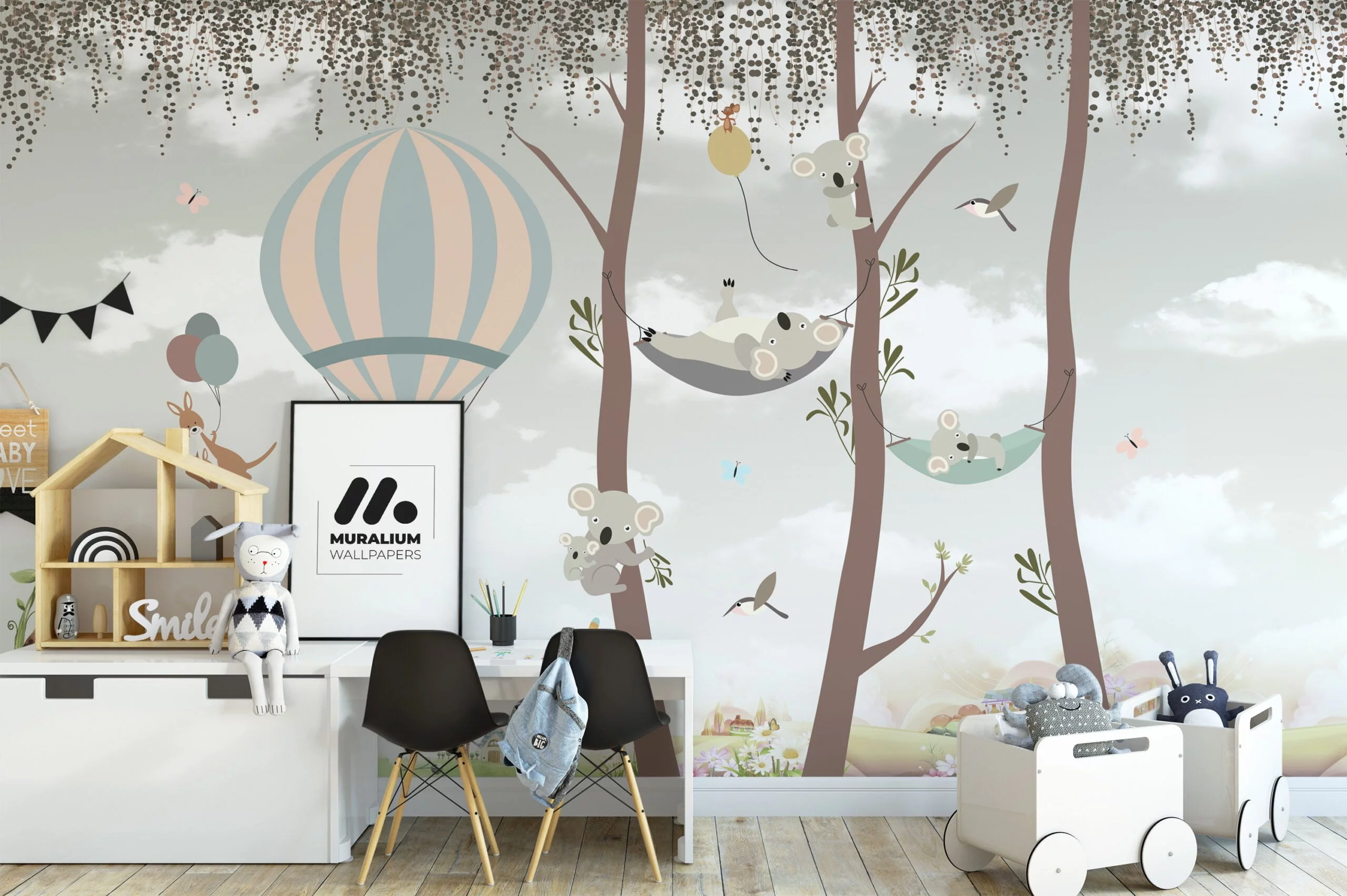 Nursery Wallpaper with Cute Trees and Koalas, Peel & Stick Wallpaper, Durable Wallpaper