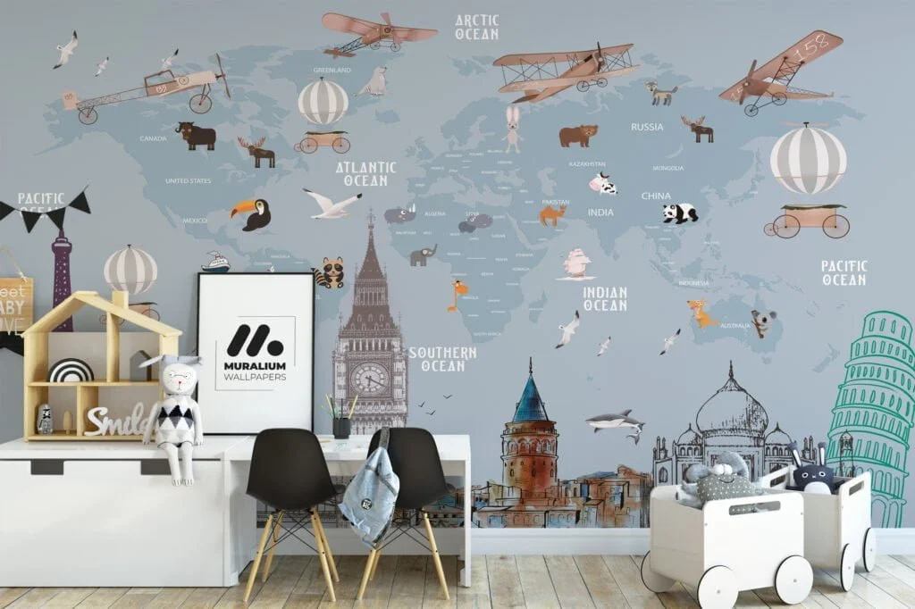 Nursery World Map Wallpaper with Animals and World Famous Architectures, Temporary Wallpaper, Removable Wall Mural