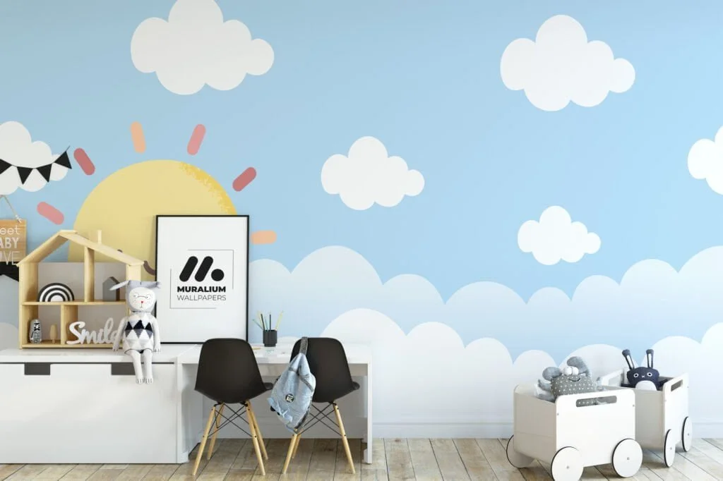 Nursery Wallpaper with Cute Smiling Sun in the Clouds, Peel & Stick Wallpaper, Fabric Wallpaper