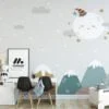 Nursery Wallpaper with Cute Sleeping Moon, Stars, and Mountains, Temporary Wallpaper, Removable Wall Mural