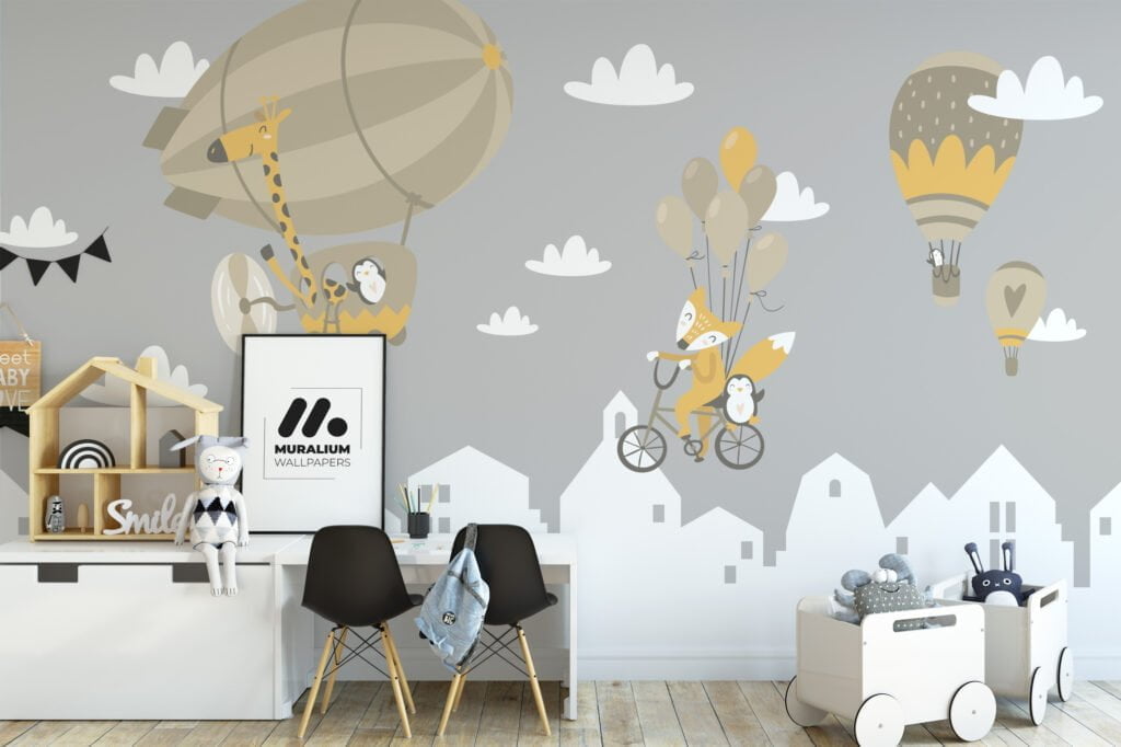 Nursery Wallpaper with Pastel Hot Air Balloons and Penguins, Peel & Stick Wallpaper, Durable Wallpaper