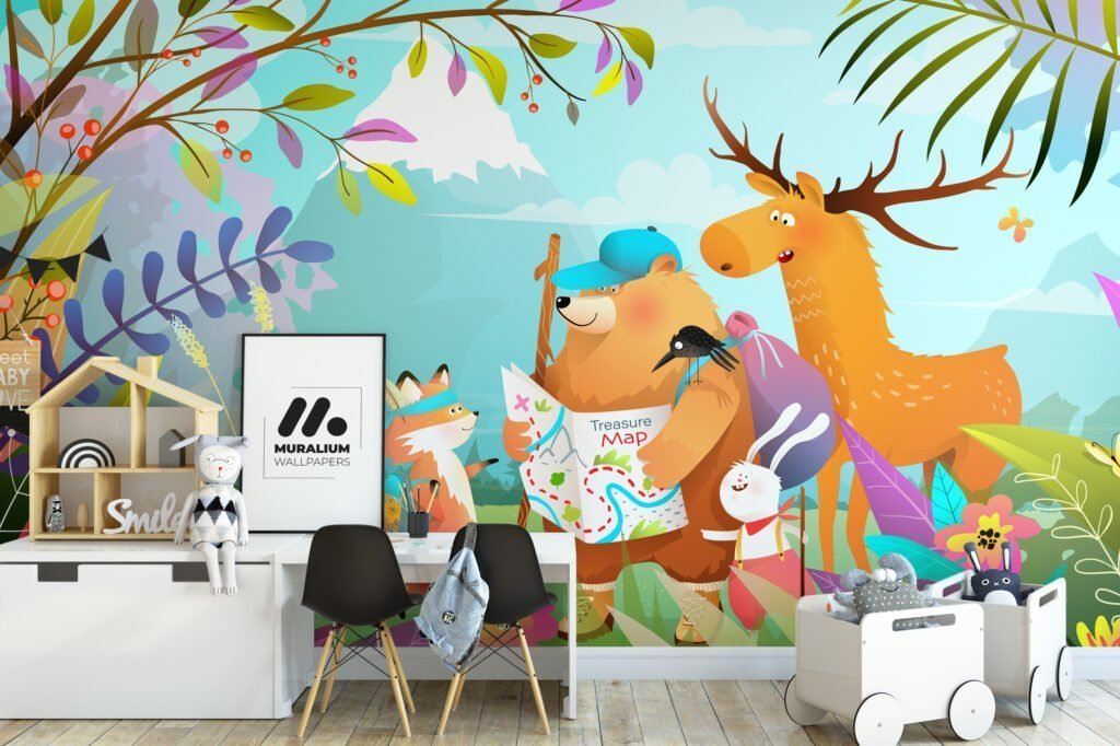 Kids Room Wallpaper with Colorful Cartoon Style Forest Animals Illustration, Peel & Stick Wall Mural, Removable Wallpaper