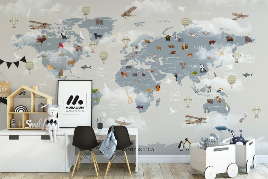Nursery Wallpaper with World Map, Animals, and Clouds, Temporary Wallpaper, Removable Wall Mural