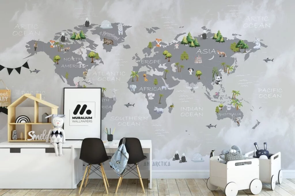 Nursery Wallpaper with Pastel World Map and Animals, Peel & Stick Wallpaper, Fabric Wallpaper