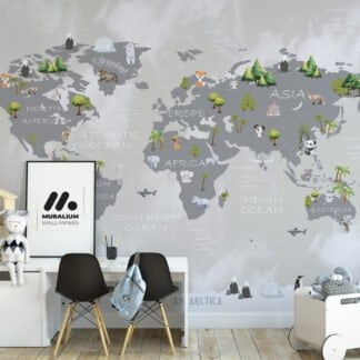 Nursery Wallpaper with Pastel World Map and Animals, Peel & Stick Wallpaper, Fabric Wallpaper