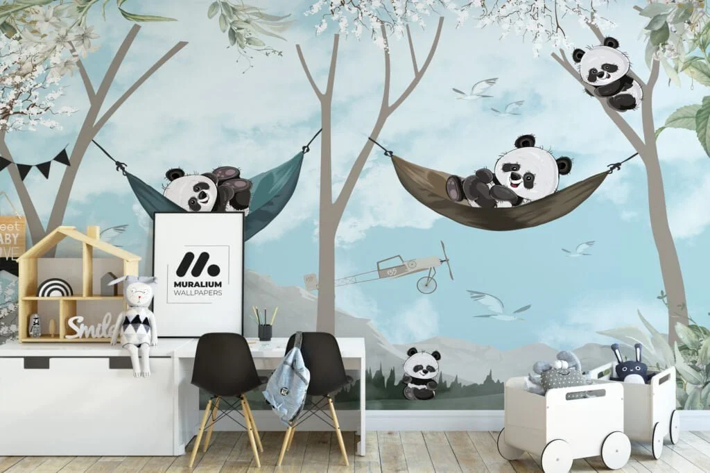 Nursery Wallpaper with Cute Relaxing Pandas in Trees Illustration, Removable Wallpaper, Self Adhesive Wall Mural