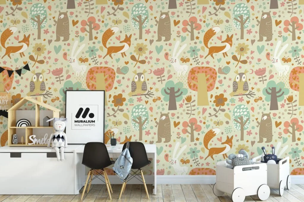 Cute Forest Animals Illustration Nursery Wallpaper, Peel & Stick Wall Mural, Removable Wallpaper