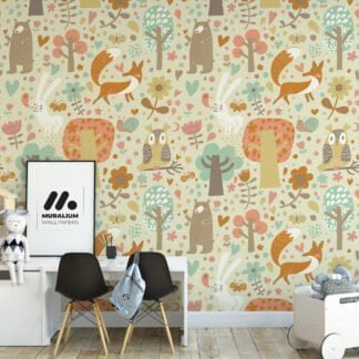 Cute Forest Animals Illustration Nursery Wallpaper, Peel & Stick Wall Mural, Removable Wallpaper