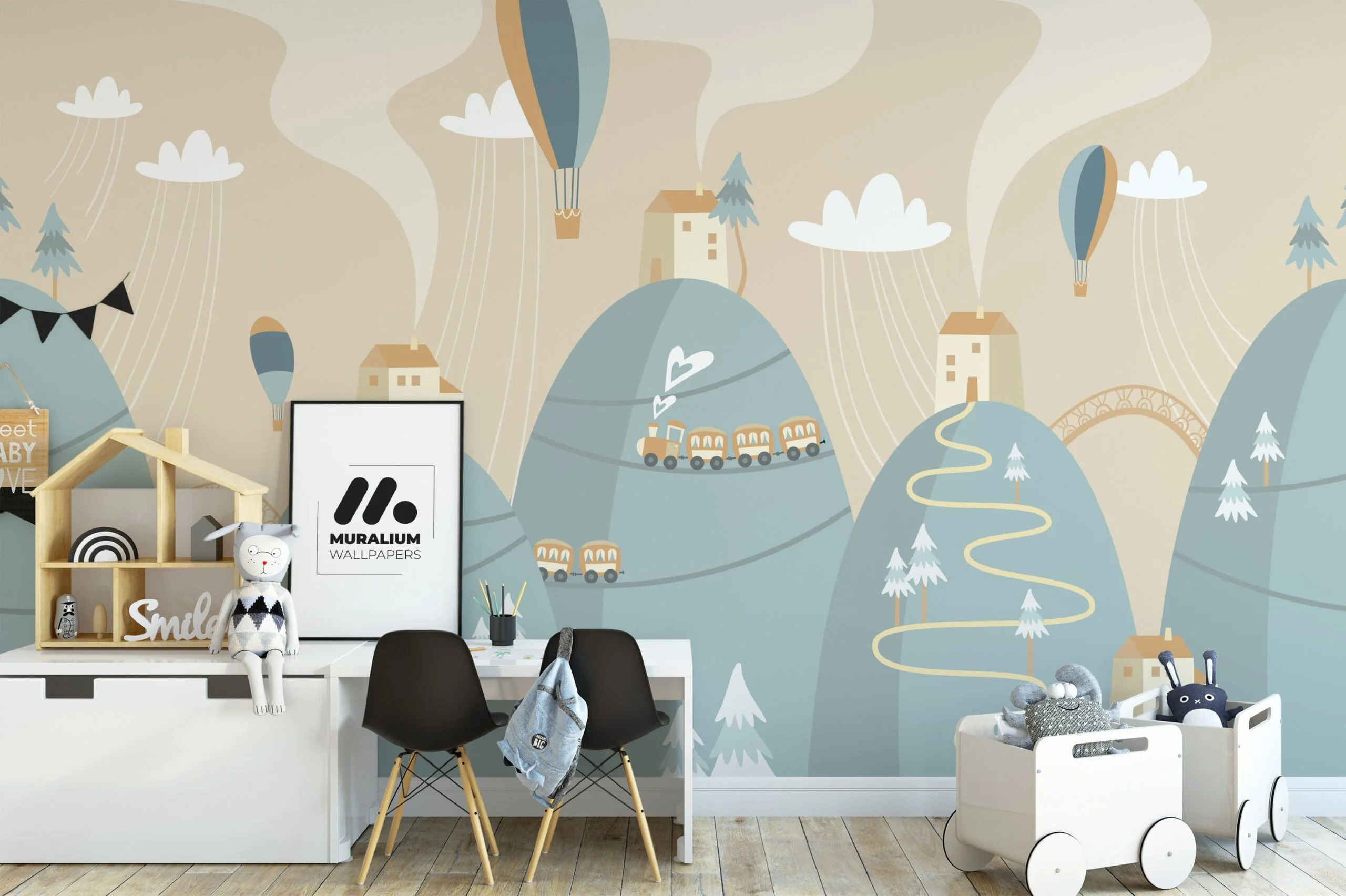 Nursery Wallpaper with Mountains, Trains, and Hot Air Balloons, Peel & Stick Wall Mural, Removable Wallpaper