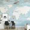 Nursery World Map Wallpaper in Pastel Light Blue, Removable Wallpaper, Self Adhesive Wall Mural