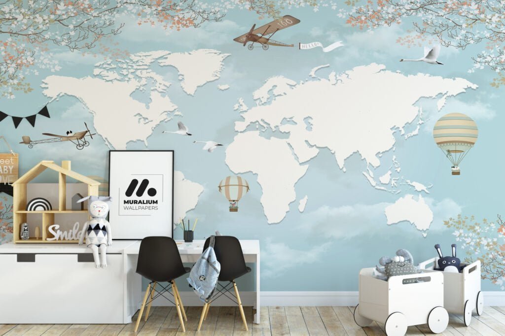 Nursery World Map Wallpaper in Pastel Light Blue, Removable Wallpaper, Self Adhesive Wall Mural