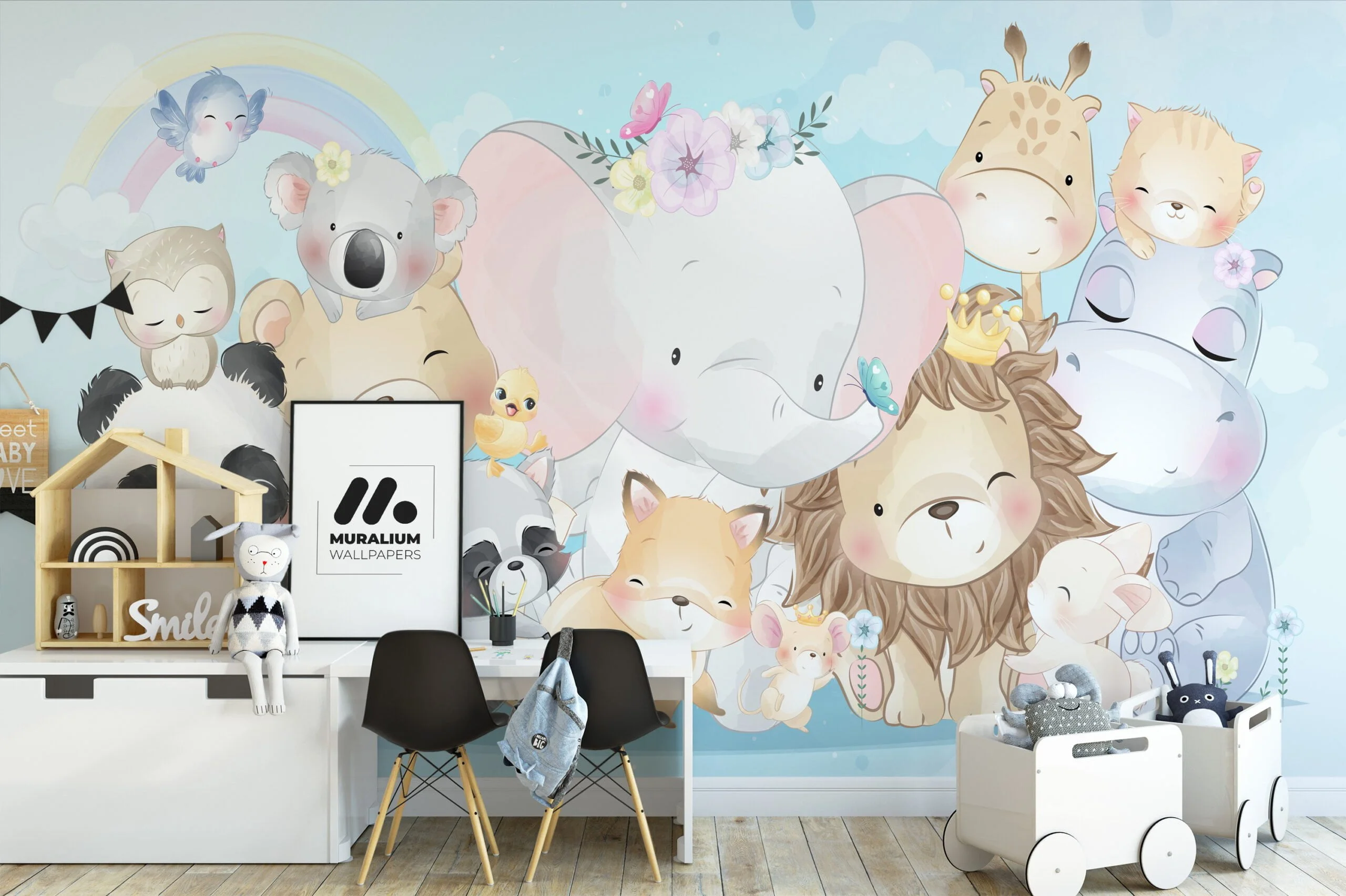 Nursery Wallpaper with Cute Pastel Animals Illustration, Temporary Wallpaper, Removable Wall Mural