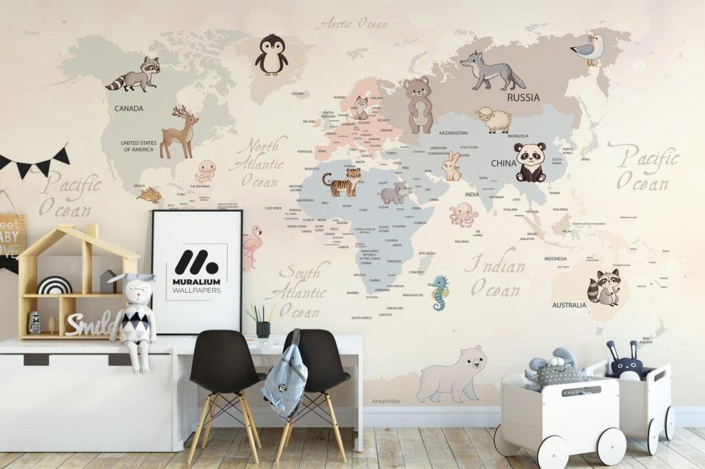 Nursery Wallpaper with Pastel World Map and Animals, Removable Wallpaper, Self Adhesive Wall Mural