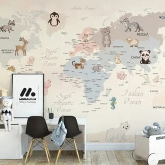 Nursery Wallpaper with Pastel World Map and Animals, Removable Wallpaper, Self Adhesive Wall Mural
