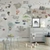 Cute Nursery World Map Wallpaper with Pastel Beige and Animals, Peel & Stick Wallpaper, Fabric Wallpaper