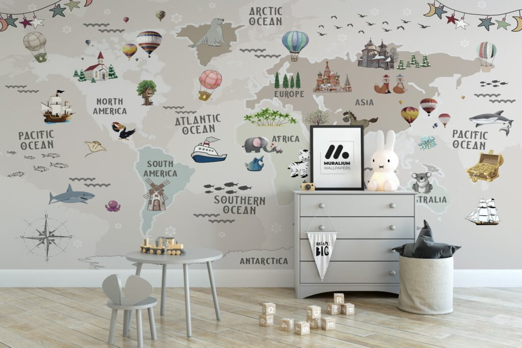 Cute Nursery World Map Wallpaper with Pastel Beige and Animals, Peel & Stick Wallpaper, Fabric Wallpaper