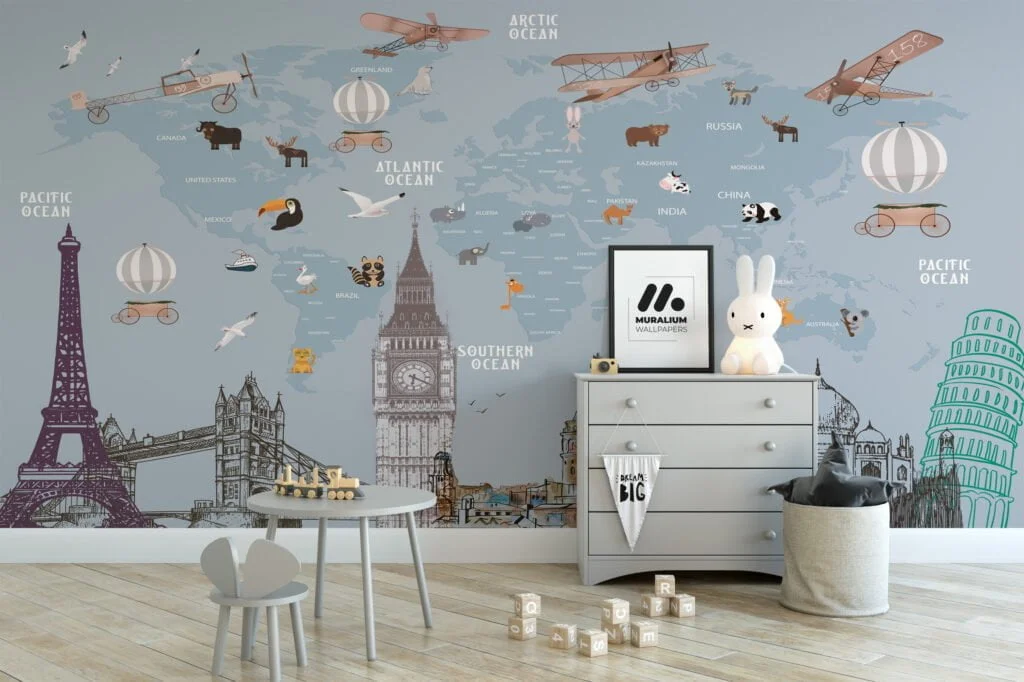 Nursery World Map Wallpaper with Animals and World Famous Architectures, Temporary Wallpaper, Removable Wall Mural