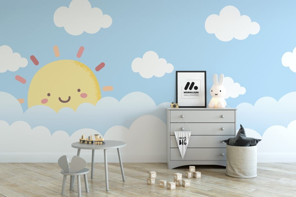 Nursery Wallpaper with Cute Smiling Sun in the Clouds, Peel & Stick Wallpaper, Fabric Wallpaper