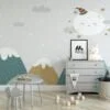 Nursery Wallpaper with Cute Sleeping Moon, Stars, and Mountains, Temporary Wallpaper, Removable Wall Mural