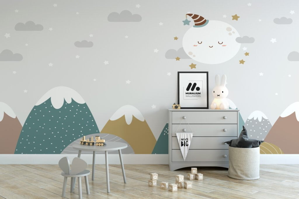 Nursery Wallpaper with Cute Sleeping Moon, Stars, and Mountains, Temporary Wallpaper, Removable Wall Mural