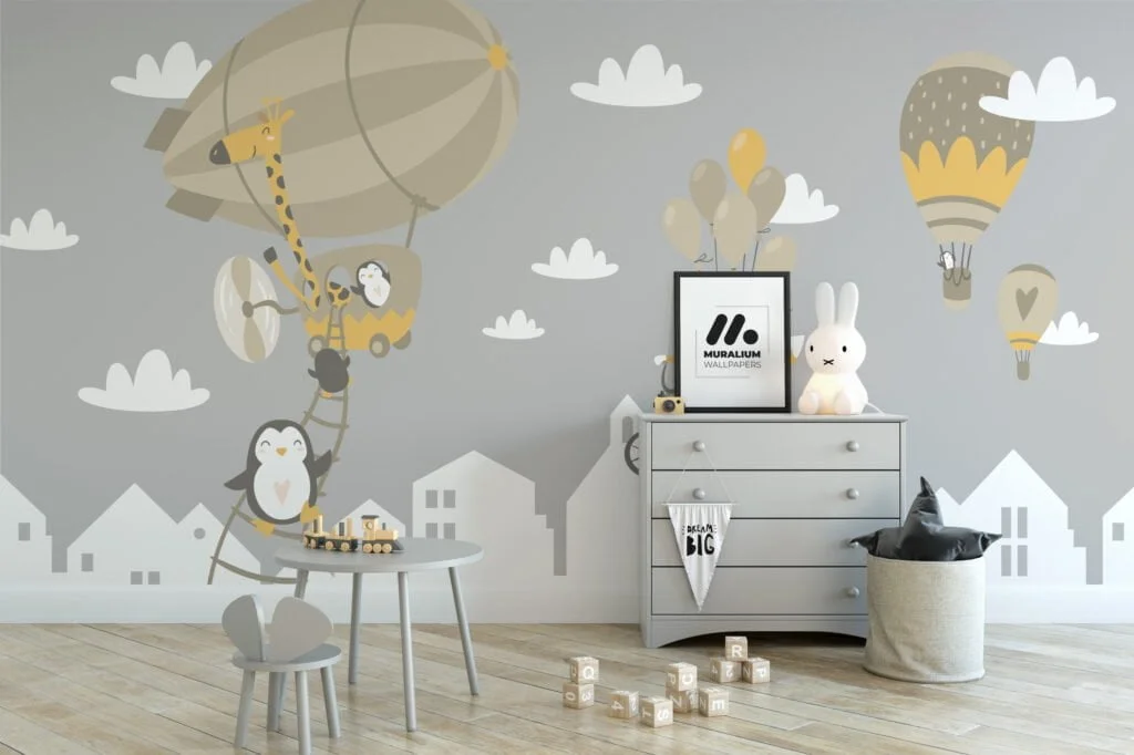 Nursery Wallpaper with Pastel Hot Air Balloons and Penguins, Peel & Stick Wallpaper, Durable Wallpaper