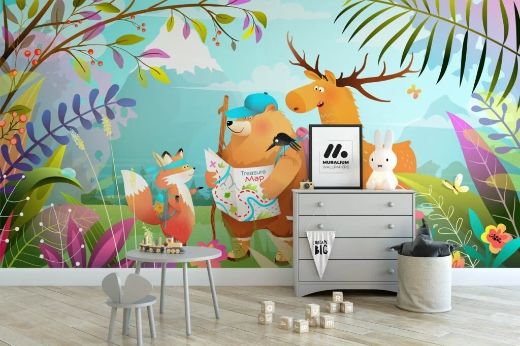 Kids Room Wallpaper with Colorful Cartoon Style Forest Animals Illustration, Peel & Stick Wall Mural, Removable Wallpaper