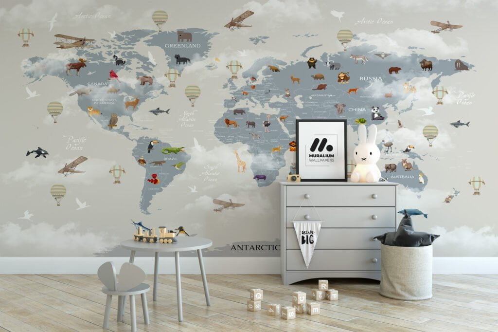Nursery Wallpaper with World Map, Animals, and Clouds, Temporary Wallpaper, Removable Wall Mural