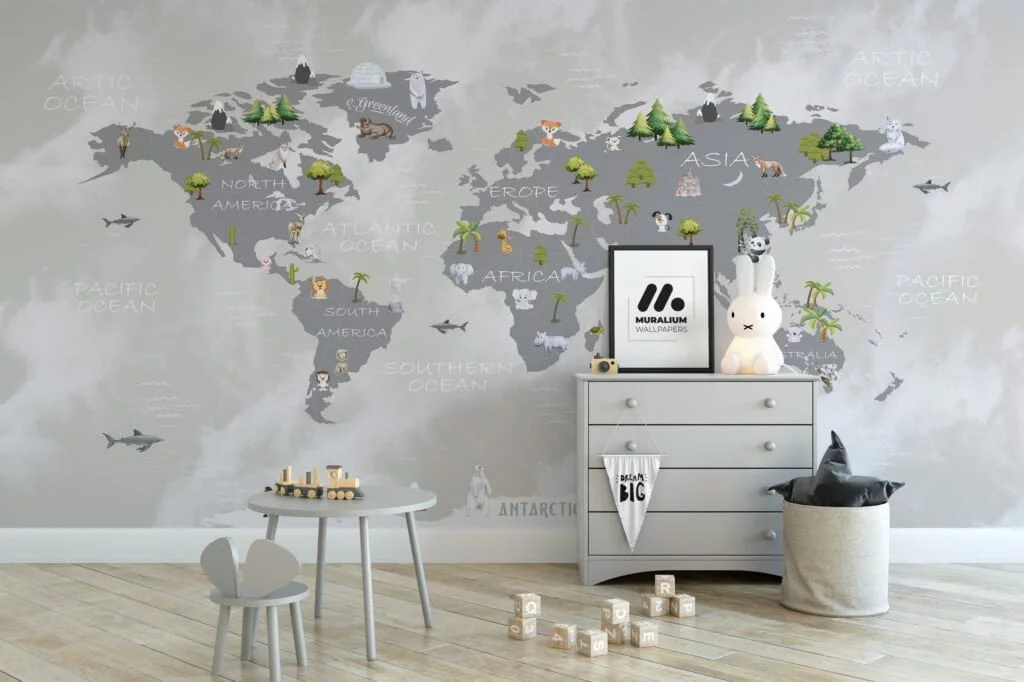 Nursery Wallpaper with Pastel World Map and Animals, Peel & Stick Wallpaper, Fabric Wallpaper