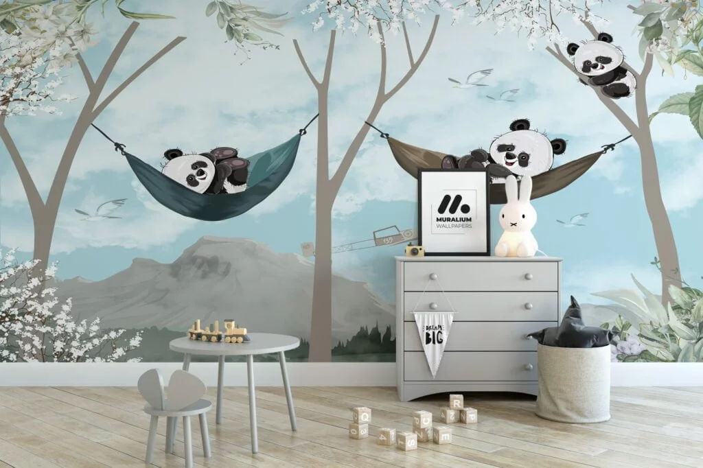 Nursery Wallpaper with Cute Relaxing Pandas in Trees Illustration, Removable Wallpaper, Self Adhesive Wall Mural