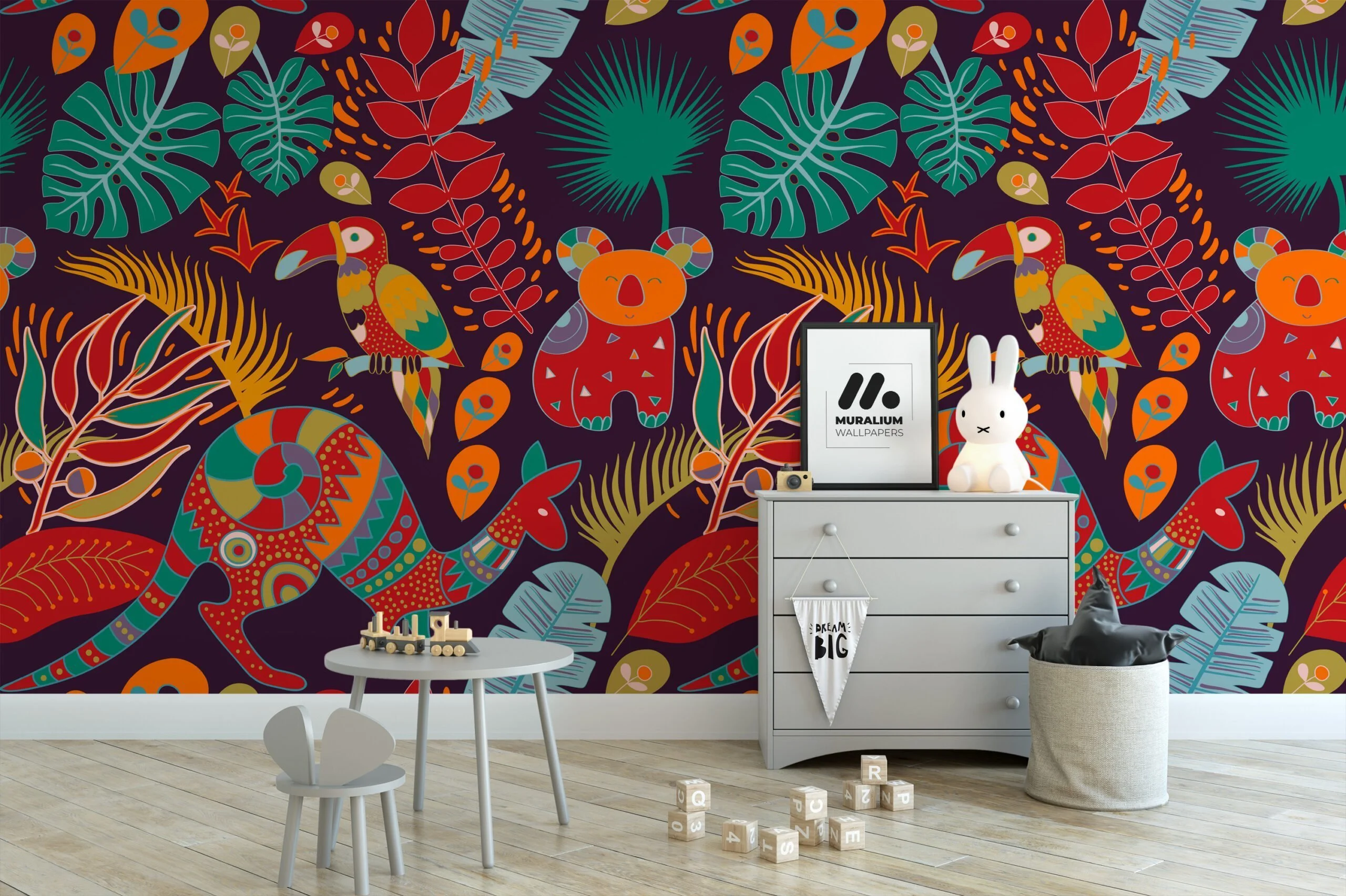 Nursery Wallpaper with Colorful Exotic Animals and Leaves, Peel & Stick Wallpaper, Fabric Wallpaper