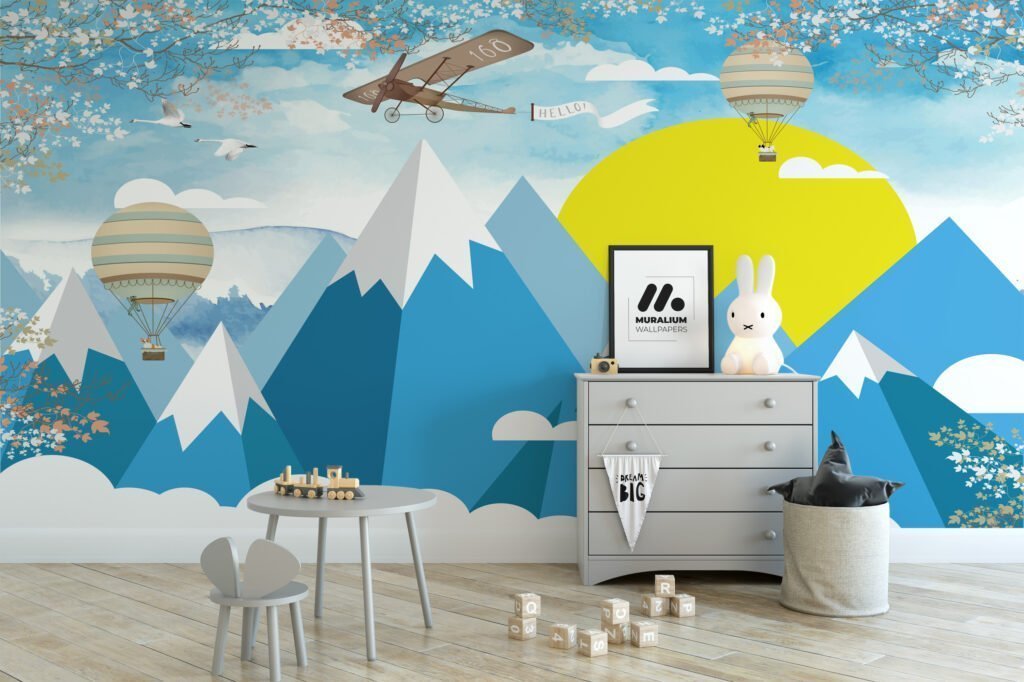 Nursery Wallpaper with Blue Mountains, Hot Air Balloons, and Aircraft, Peel & Stick Wallpaper, Durable Wallpaper