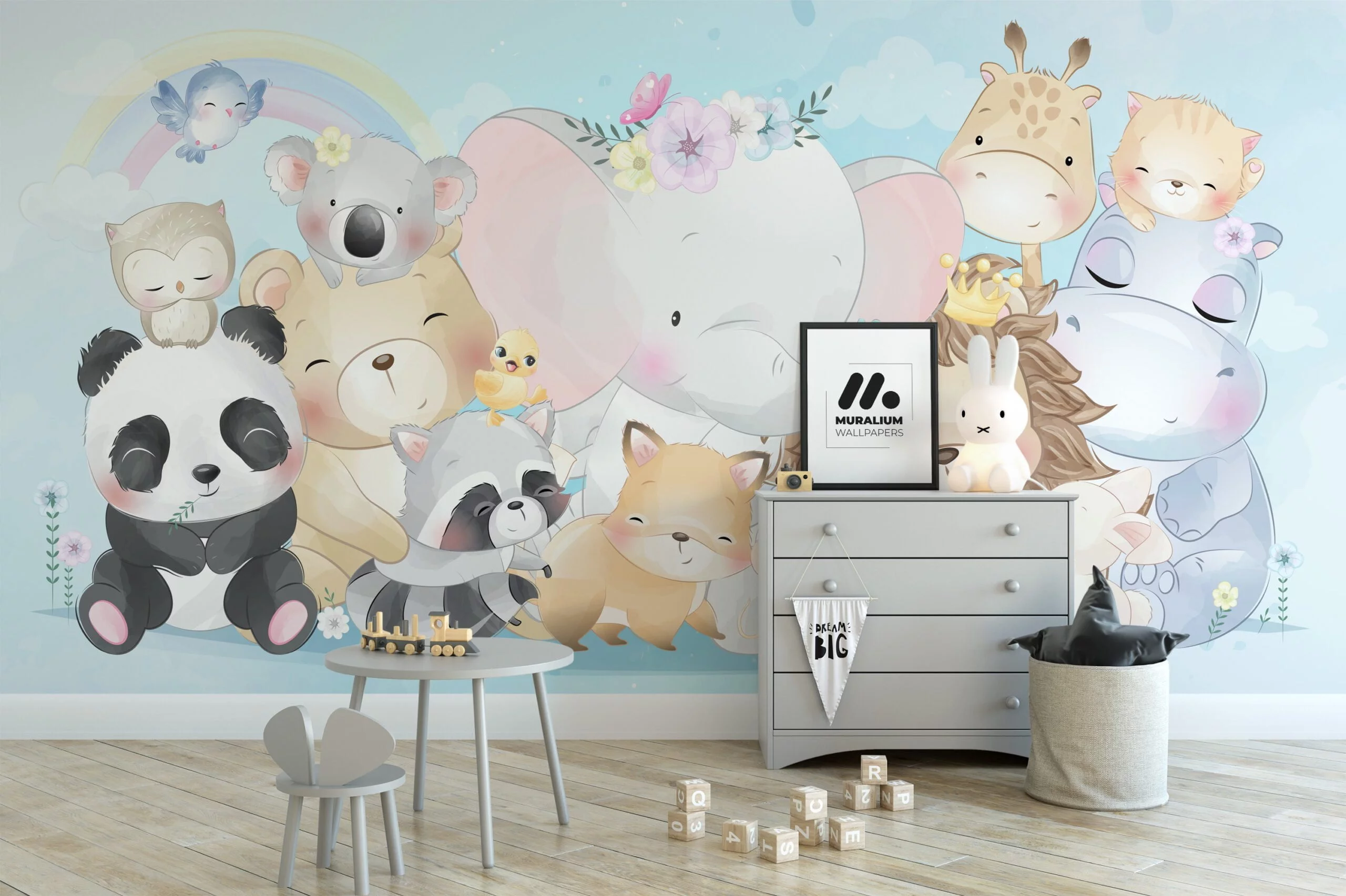 Nursery Wallpaper with Cute Pastel Animals Illustration, Temporary Wallpaper, Removable Wall Mural