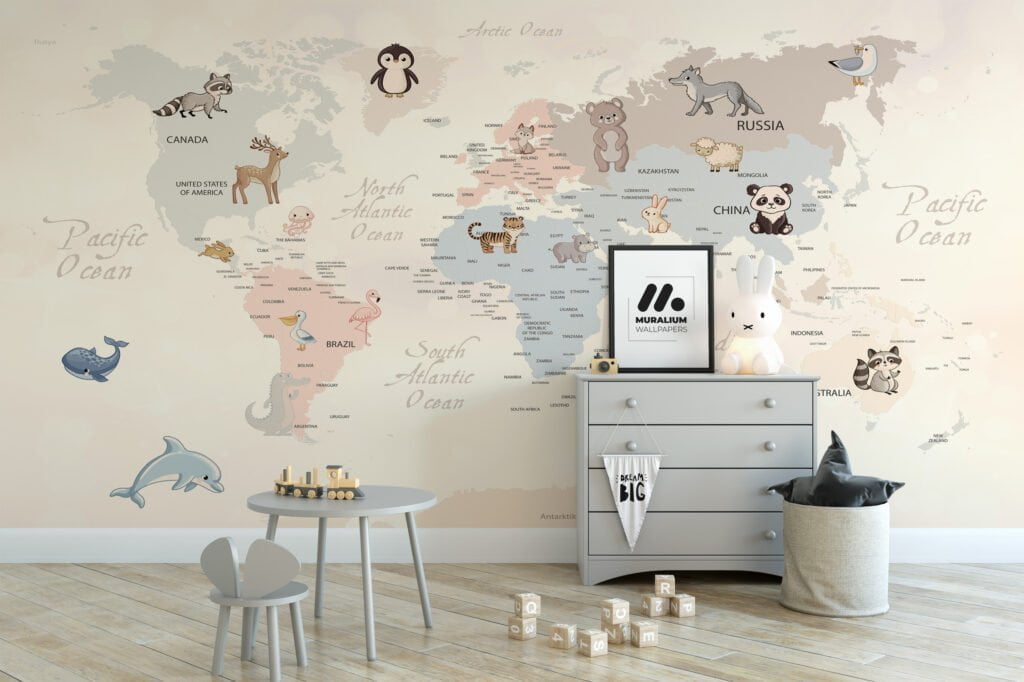 Nursery Wallpaper with Pastel World Map and Animals, Removable Wallpaper, Self Adhesive Wall Mural