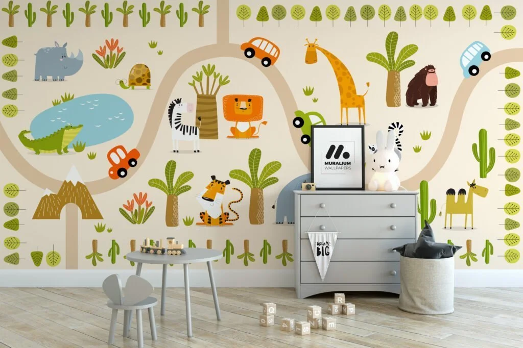 Nursery Wallpaper with Cute Animals and Trees, Peel & Stick Wall Mural, Removable Wallpaper