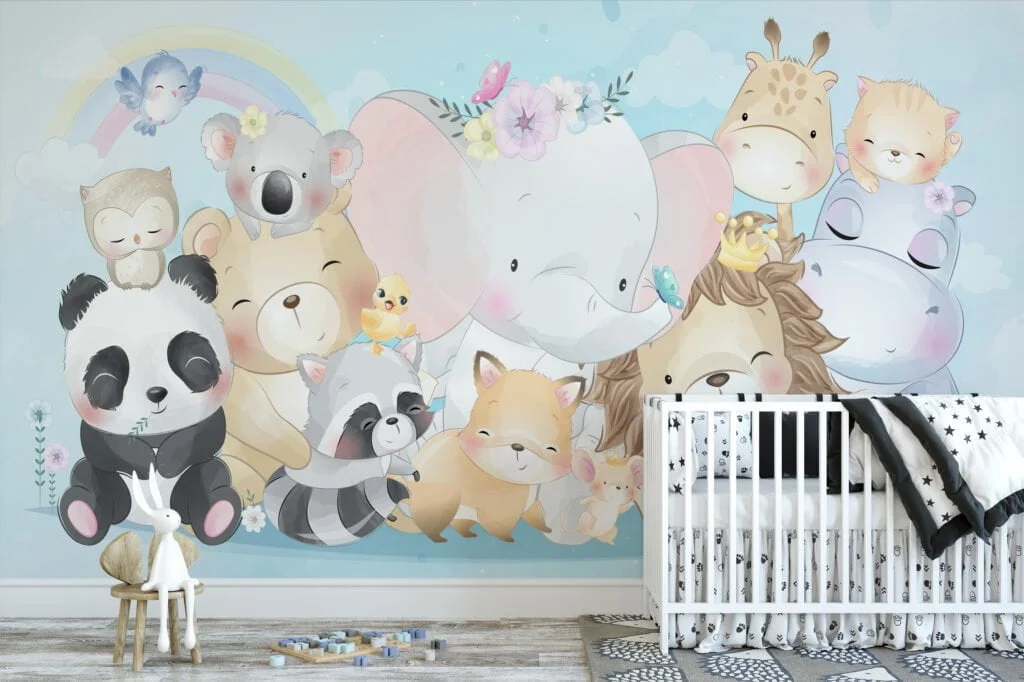 Nursery Wallpaper with Cute Pastel Animals Illustration, Temporary Wallpaper, Removable Wall Mural