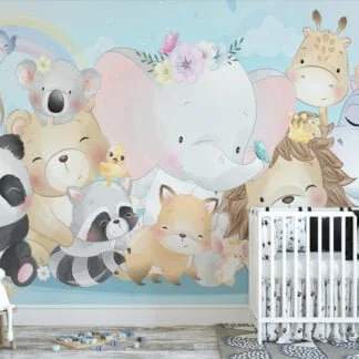 Nursery Wallpaper with Cute Pastel Animals Illustration, Temporary Wallpaper, Removable Wall Mural