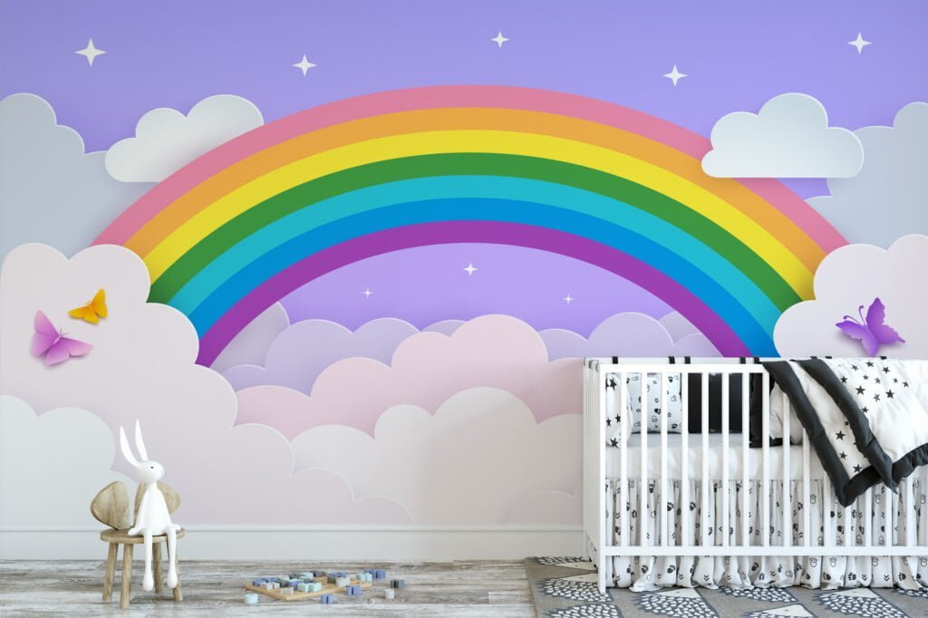 Wallpaper with Rainbow in Clouds Illustration on a Purple Background, Peel & Stick Wallpaper, Fabric Wallpaper