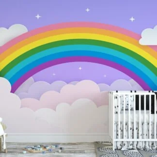 Wallpaper with Rainbow in Clouds Illustration on a Purple Background, Peel & Stick Wallpaper, Fabric Wallpaper