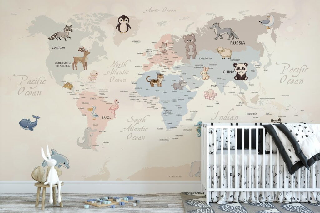 Nursery Wallpaper with Pastel World Map and Animals, Removable Wallpaper, Self Adhesive Wall Mural