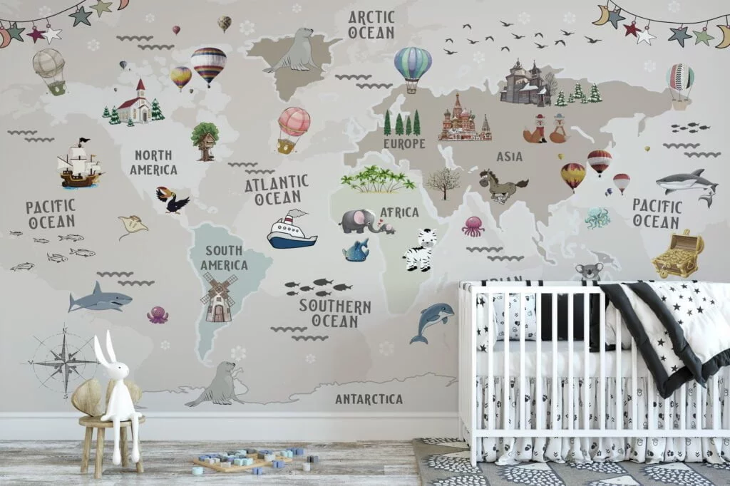 Cute Nursery World Map Wallpaper with Pastel Beige and Animals, Peel & Stick Wallpaper, Fabric Wallpaper