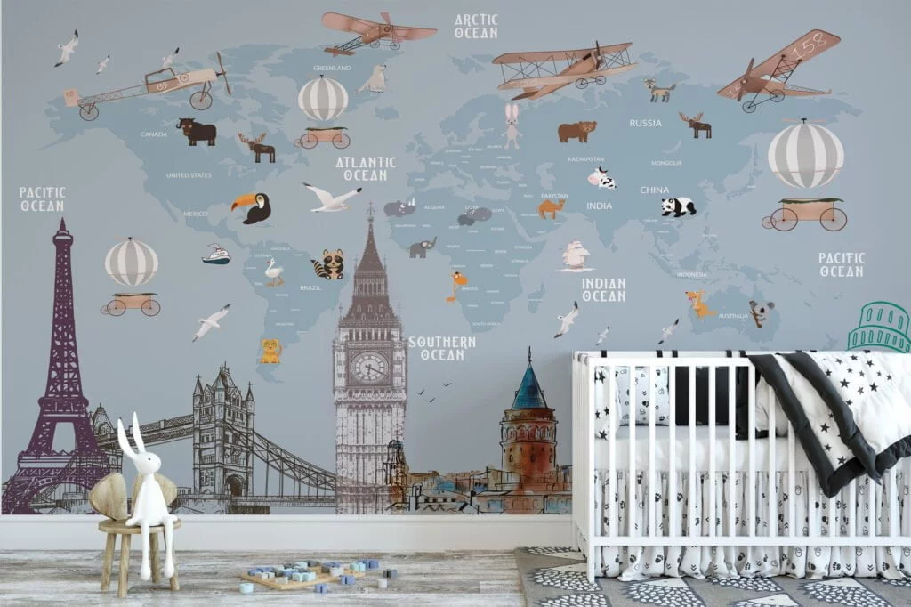 Nursery World Map Wallpaper with Animals and World Famous Architectures, Temporary Wallpaper, Removable Wall Mural