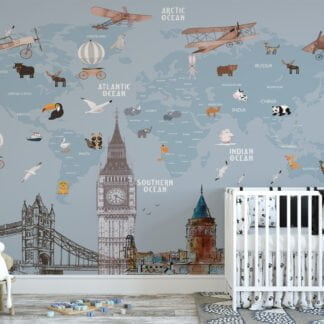 Nursery World Map Wallpaper with Animals and World Famous Architectures, Temporary Wallpaper, Removable Wall Mural