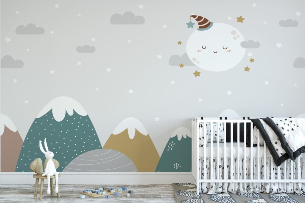 Nursery Wallpaper with Cute Sleeping Moon, Stars, and Mountains, Temporary Wallpaper, Removable Wall Mural