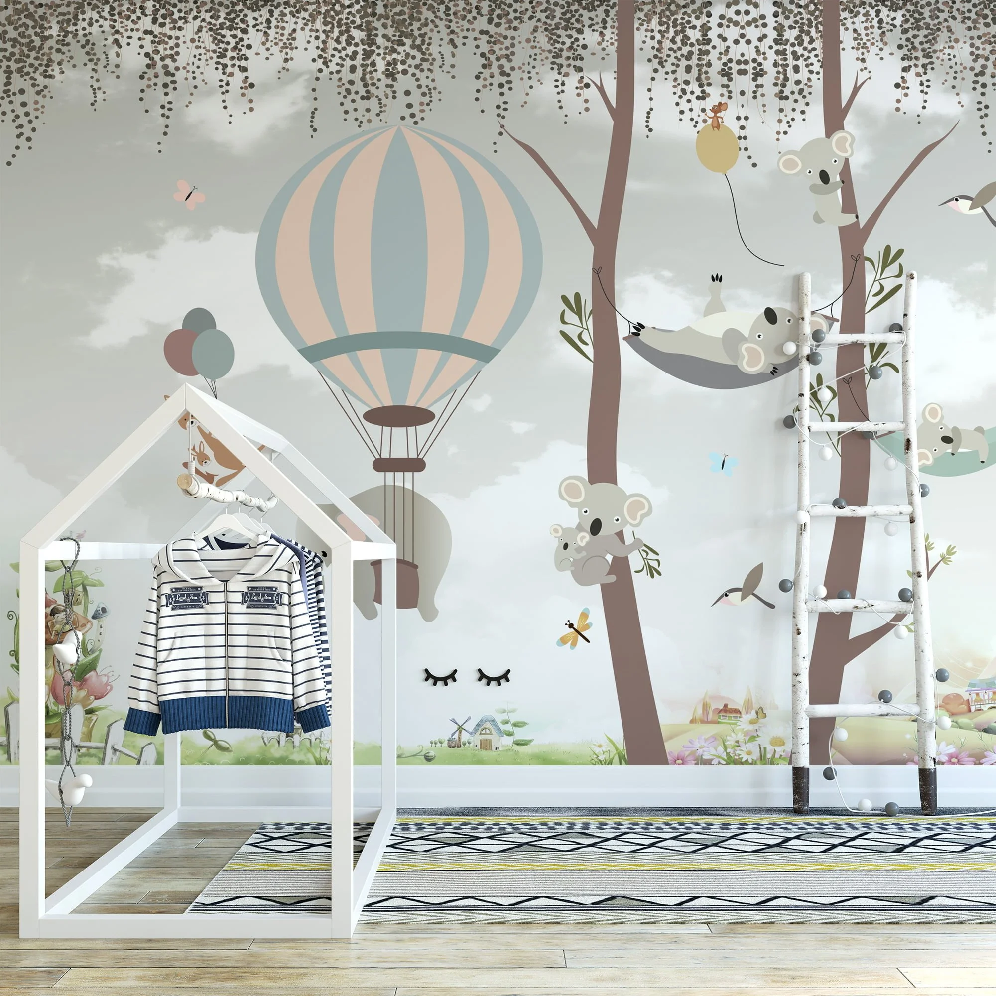 Nursery Wallpaper with Cute Trees and Koalas, Peel & Stick Wallpaper, Durable Wallpaper