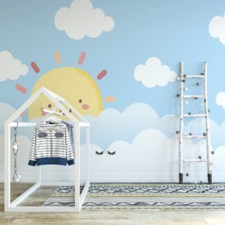 Nursery Wallpaper with Cute Smiling Sun in the Clouds, Peel & Stick Wallpaper, Fabric Wallpaper