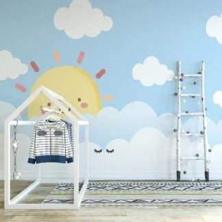 Nursery Wallpaper with Cute Smiling Sun in the Clouds, Peel & Stick Wallpaper, Fabric Wallpaper