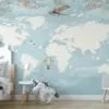 Nursery World Map Wallpaper in Pastel Light Blue, Removable Wallpaper, Self Adhesive Wall Mural