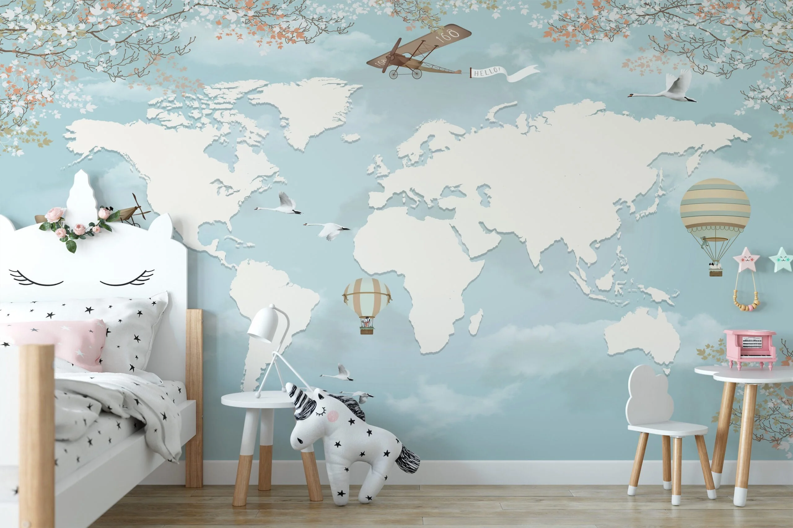 Nursery World Map Wallpaper in Pastel Light Blue, Removable Wallpaper, Self Adhesive Wall Mural