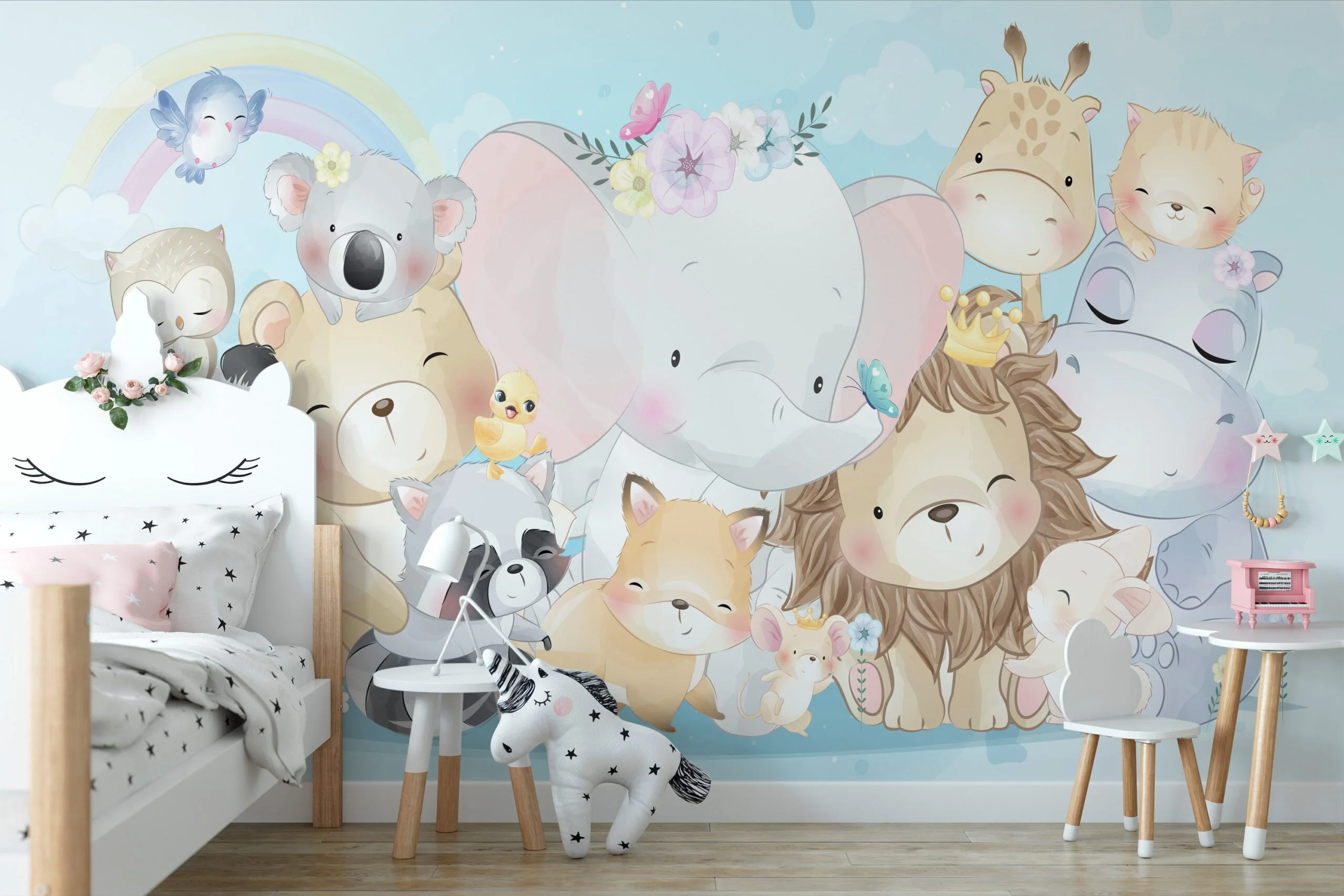 Nursery Wallpaper with Cute Pastel Animals Illustration, Temporary Wallpaper, Removable Wall Mural