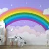 Wallpaper with Rainbow in Clouds Illustration on a Purple Background, Peel & Stick Wallpaper, Fabric Wallpaper